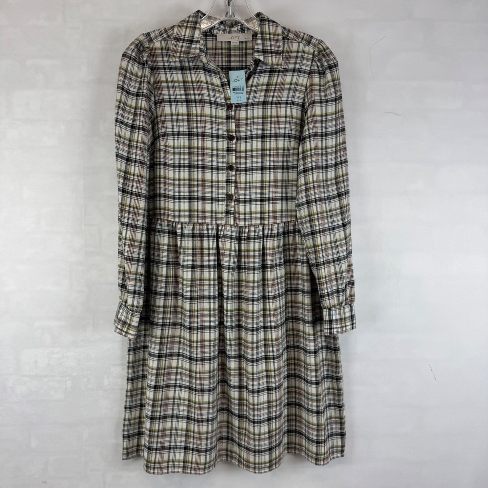 LOFT‎ Petite Plaid Shirt Dress XXS Petite Button Front Long Sleeve NWT